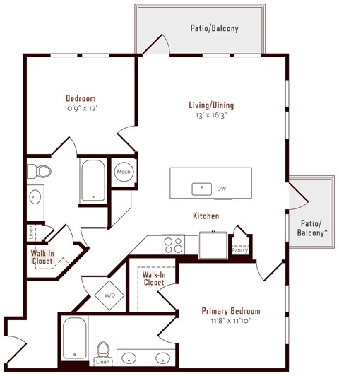 Floor plan for 2 beds, 2 baths, 1035 sqft